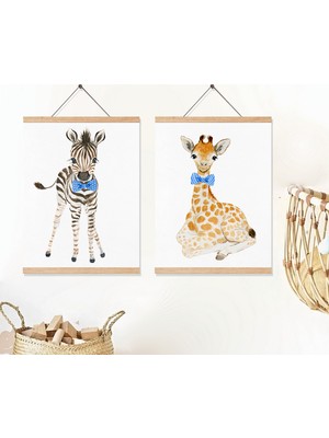 DekorLoft Papyonlu Hayvanlar Zebra ve Zürafa Ikili Askılı Pu Deri Çocuk Odası Tablosu