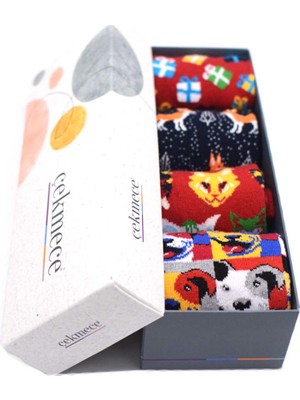 Çekmece Karışık Desen 4'lü Unisex - Erkek Pamuklu Hayvan Desen Soket Çorap