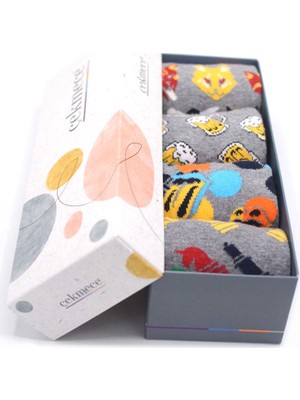 Çekmece Karışık Desen 4'lü Unisex - Erkek Pamuklu Gri Soket Çorap