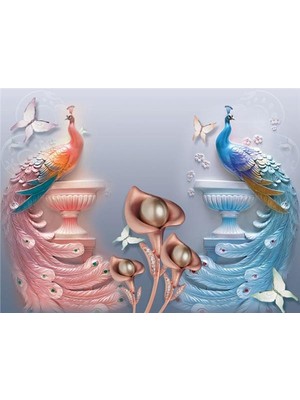 Eko Dekor Inci Çiçek ve Tavus Kuşu 3D Duvar Kağıdı Kanvas Tek Parca