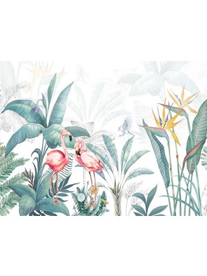 Eko Dekor Tropikal Desen ve Flamingo Duvar Kağıdı Kanvas Tek Parca