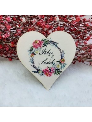 Hayaller Dükkanı 30 Adet Çiçekli Kalp Ahşap Nikah Magnet Uv Baskı Nişan Liği Ekonomik