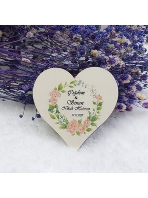 Hayaller Dükkanı 30 Adet Çiçekli Yeşil Kalp Ahşap Nikah Magnet Uv Baskı Nişan Liği Ekonomik