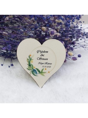 Hayaller Dükkanı 30 Adet Yeşil Çiçekli Kalp Ahşap Nikah Magnet Uv Baskı Nişan Liği Ekonomik
