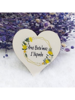 Hayaller Dükkanı 30 Adet Sarı Çiçekli Kalp Ahşap Nikah Magnet Uv Baskı Nişan Liği Ekonomik