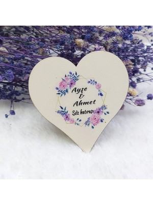 Hayaller Dükkanı 30 Adet Prizma Çiçekli Kalp Ahşap Nikah Magnet Uv Baskı Nişan Liği Ekonomik