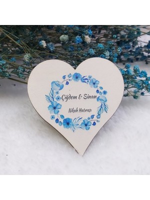 Hayaller Dükkanı 30 Adet Mavi Çiçekli Kalp Ahşap Nikah Magnet Uv Baskı Nişan Liği Ekonomik