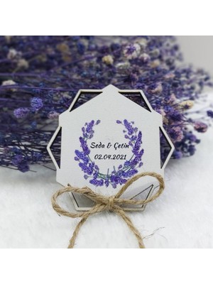 Hayaller Dükkanı 30 Adet Prizma Desenli Lavanta Çiçekli Fiyonklu Ahşap Nikah Şekeri Uv Baskı Nişan Liği Ekonomik