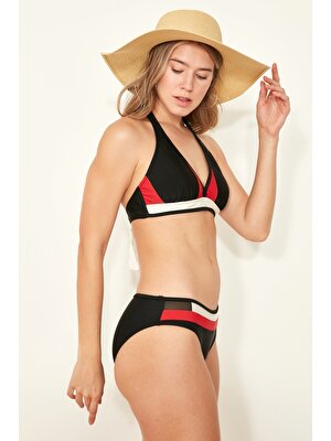 C&city Kadın Toparlayıcı Boyundan Bağlı Bikini Takım 3008-3094 Siyah/kırmızı