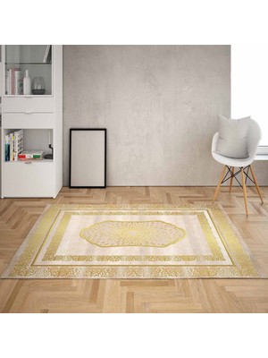 Bona Fortuna Osmanlı Desen Gold Çerçeveli Dijital Baskı Yıkanabilir Kaymaz Taban Klasik Salon Halısı ve Yolluk