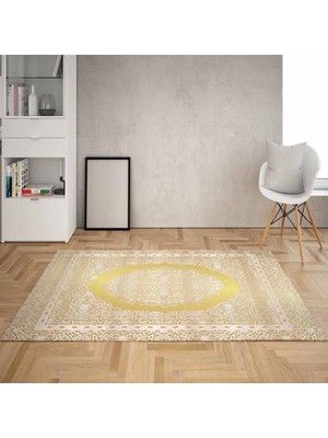 Bona Fortuna Osmanlı Desen Gold Çerçeveli Dijital Baskı Yıkanabilir Kaymaz Taban Klasik Salon Halısı ve Yolluk