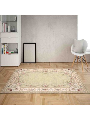 Bona Fortuna Çiçek Desenli Göbekli Dijital Baskı Yıkanabilir Kaymaz Taban Leke Tutmaz Salon Halısı Yolluk(Sarı)