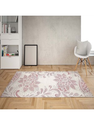Bona Fortuna Kabartma Desenli Göbekli Dijital Baskı Yıkanabilir Kaymaz Taban Klasik Salon Halısı ve Yolluk(Pudra)