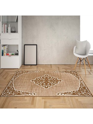 Bona Fortuna Osmanlı Motif Desenli Dijital Baskı Yıkanabilir Kaymaz Taban Klasik Salon Halı ve Yolluk (Kahve)