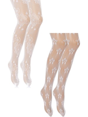 Unlimited Legwear 2li Çiçek Desenli Beyaz Dantel File Çocuk Külotlu Çorap 1-4 Yaş