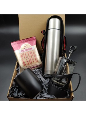 VegaGiftShop Deri Çantalı 500 ml Exclusive Çelik Termos & French Press & Siyah Kupa & Colombian Kahve Set