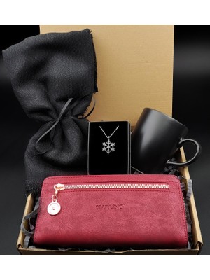 Vega Gift Shop Siyah Ipek Şal & Bordo Kadın Cüzdan & Siyah Kupa & Gümüş Kaplama Kar Tanesi Kolye Set