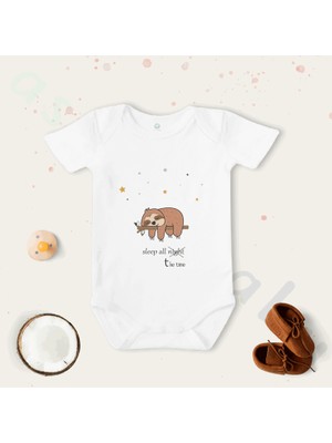 Limon Unisex Tembel Hayvan Desenli Kısa Kol Organik Bebek Body Zıbın