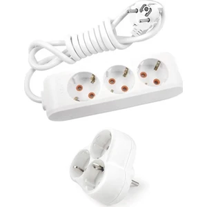 Beyaz Set Multi-Let 3'lü Topraklı Çocuk Korumalı Grup Priz  2 Metre Kablo & 3'lü Yonca Fiş-Priz