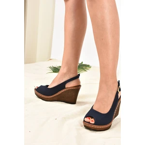Fox Shoes Lacivert Keten Dolgu Topuklu Kadın Ayakkabı K674040705