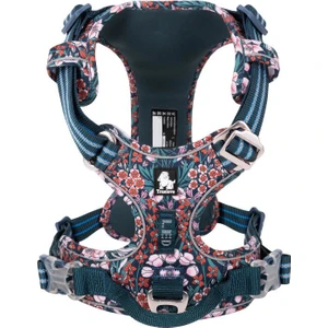 True Love Renkli Çiçek Desenli, Alüminyum D-Halkalı, Ergonomik Mavi Göğüs Tasması