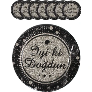 Kına Atölyesi Doğum Günü Hapy Brithday Tabak Siyah Gümüş 8 Adet
