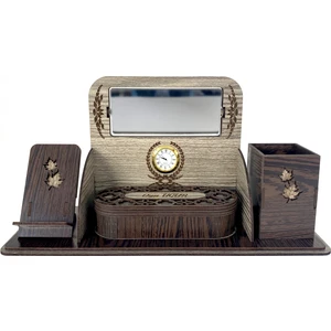 Kişiye Özel Ahşap Aynalı ve Saatli Masa Üstü Kalemlik Seti Ofis Masa Üstü Organizer