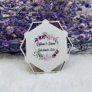 Hayaller Dükkanı 30 Adet Kahverengi Prizma Desenli Ahşap Nikah Şekeri Uv Baskı Nişan Liği Ekonomik