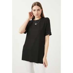 Oversize Bisiklet Yaka Yırtmaç Detaylı Bluz Kadın Bluz 5863683