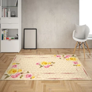 Bona Fortuna Gül Desen Çerçeveli Dijital Baskı Yıkanabilir Kaymaz Taban Vintage Salon Halısı ve Yolluk