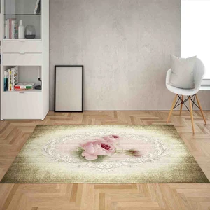 Bona Fortuna Çiçek Desenli Vintage Dijital Baskı Yıkanabilir Kaymaz Taban Salon Halı ve Yolluk (Yeşil)