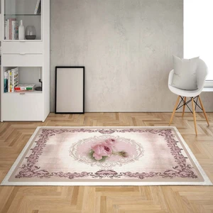 Bona Fortuna Çiçek Desenli Vintage Dijital Baskı Yıkanabilir Kaymaz Taban Salon Halı ve Yolluk
