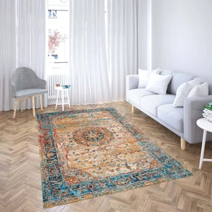 Bona Fortuna Osmanlı Motifler Desenli Etnik Dijital Baskı Yıkanabilir Kaymaz Taban Salon Halı ve Yolluk Turkuaz2