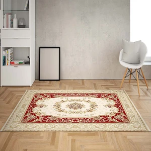Bona Fortuna Osmanlı Desen Çerçeveli Dijital Baskı Yıkanabilir Kaymaz Taban Klasik Salon Halısı ve Yolluk (Bordo)