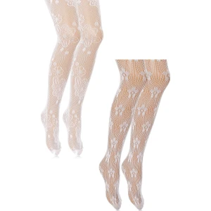 Unlimited Legwear 2li Çiçek Desenli Beyaz Dantel File Çocuk Külotlu Çorap 5-8 Yaş