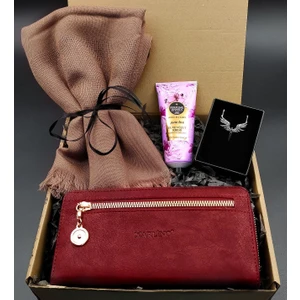 Vega Gift Shop Bordo Kadın Cüzdan & Bej Şal & Eyüp Sabri Tuncer El Kremi & Gümüş Kaplama Mikail Melek Kolye Set