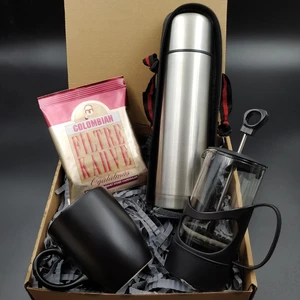 Vega Gift Shop Deri Çantalı 500 ml Exclusive Çelik Termos & French Press & Siyah Kupa & Colombian Kahve Set