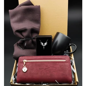 Vega Gift Shop Mürdüm Şal & Bordo Kadın Cüzdan & Siyah Kupa & Gümüş Kaplama Mikail Melek Kolye Set