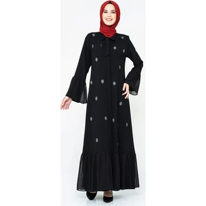 Düğmeli Taşlı Siyah Ferace 3007