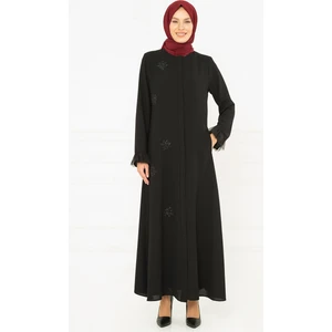 Tül Detaylı Taş Işlemeli Siyah Ferace 3195