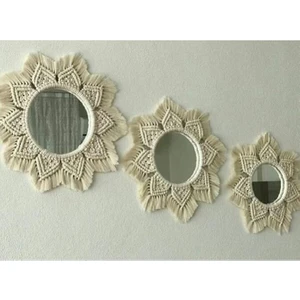 ATÖLYE89 Makrome Ayna 3'lü Ekru Set