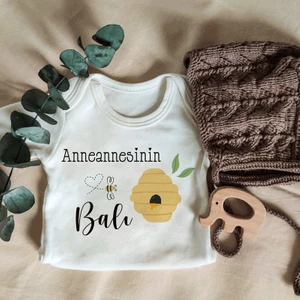 Unisex Anneannesinin Balı Yazılı Kısa Kol Organik Bebek Body Zıbın