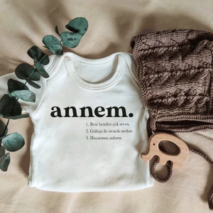 Unisex Annem Yazılı Kısa Kol Organik Bebek Body Zıbın