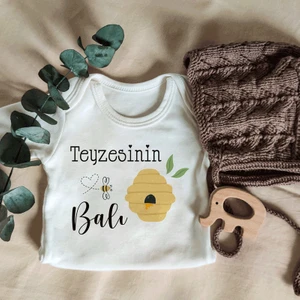 Unisex Teyzesinin Balı Yazılı Kısa Kol Organik Bebek Body Zıbın