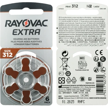 Rayovac Extra 312 Numara İşitme Cihazı Pili (5 Paket x 6 Adet = 30 Adet  Pil) +