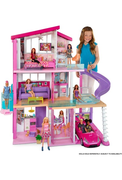 Barbie'nin Üç Katlı Rüya Evi ve Aksesuarları Oyun Seti, Havuzlu, Kaydıraklı, Asansörlü Bebek Evi FHY73