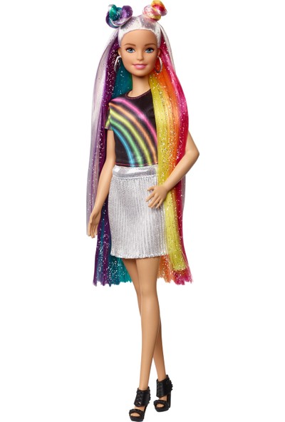 Barbie Gökkuşağı Renkli Saçlar Bebeği, Ekstra Uzun Saçlara ve Saç Aksesuarlarına Sahip FXN96
