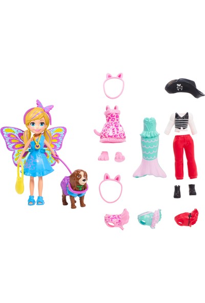 Polly Pocket ve Hayvan Dostu Kostüm Giyiyor Oyun Seti, Bebek, Evcil Hayvan ve Kostümlü Paket GDM15