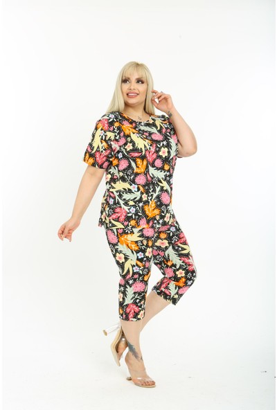 Dükkan Moda Kadın Büyük Beden Pijama Takımı Renkli Çiçekli