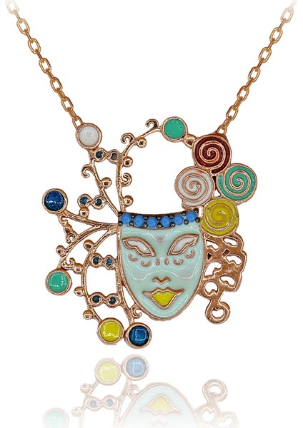 Turkuaz Taşlı Renkli Mineli Sihirbaz Maske Gümüş Kolye